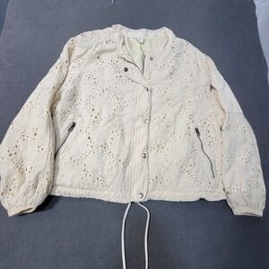 Free People Daisy Jane Eyelet Lace Boho Bomber Jacket LG Ivory Cream EUC Rare